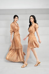 Pleated Silk Midi Dress with Ruffled Neckline and Smocked Waist Detailing